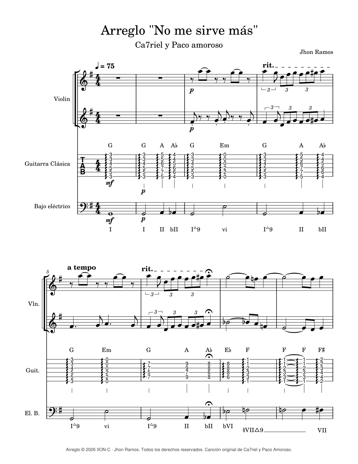 Primera página de la partitura del arreglo de No me sirve más: dos violines, guitarra con tablatura y cifrado, y bajo eléctrico